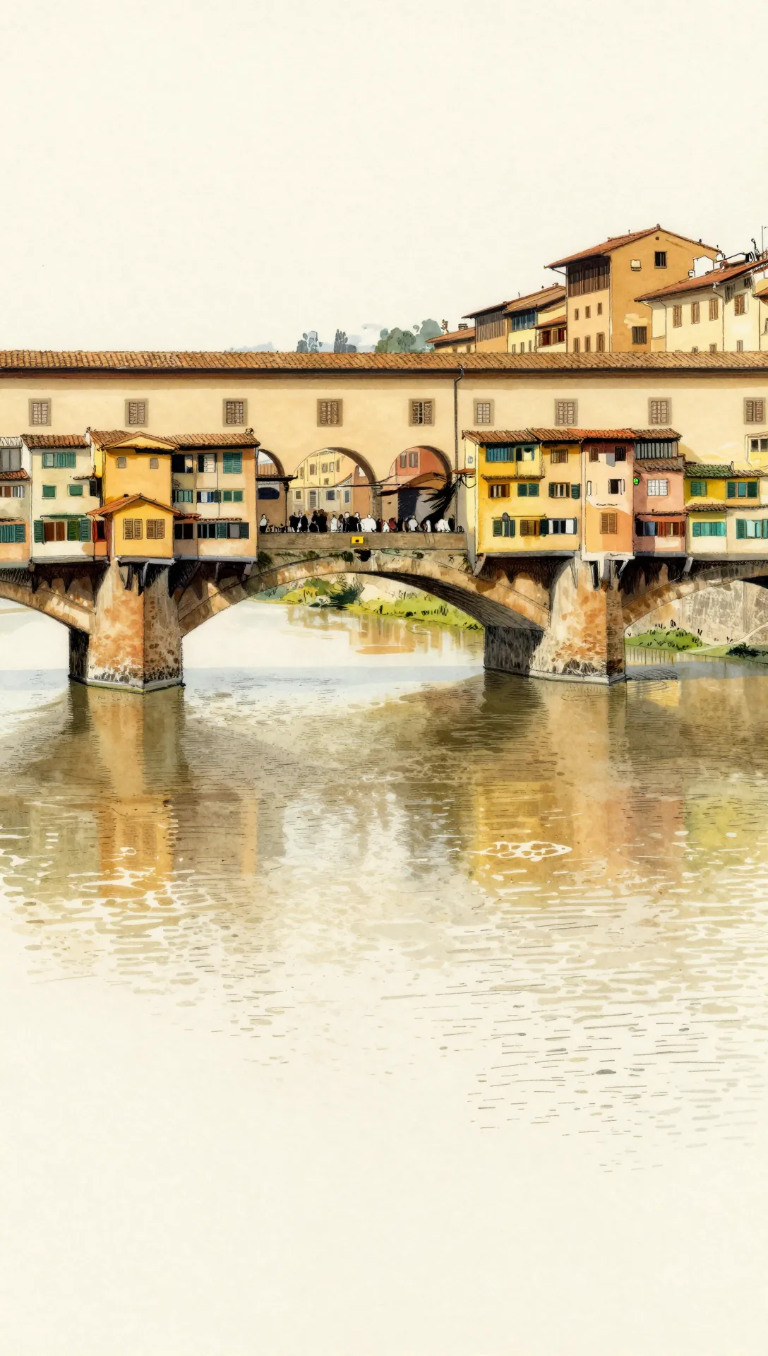 Acuarela del Ponte Vecchio de Firenze, con sus casas de colores reflejadas en el Arno