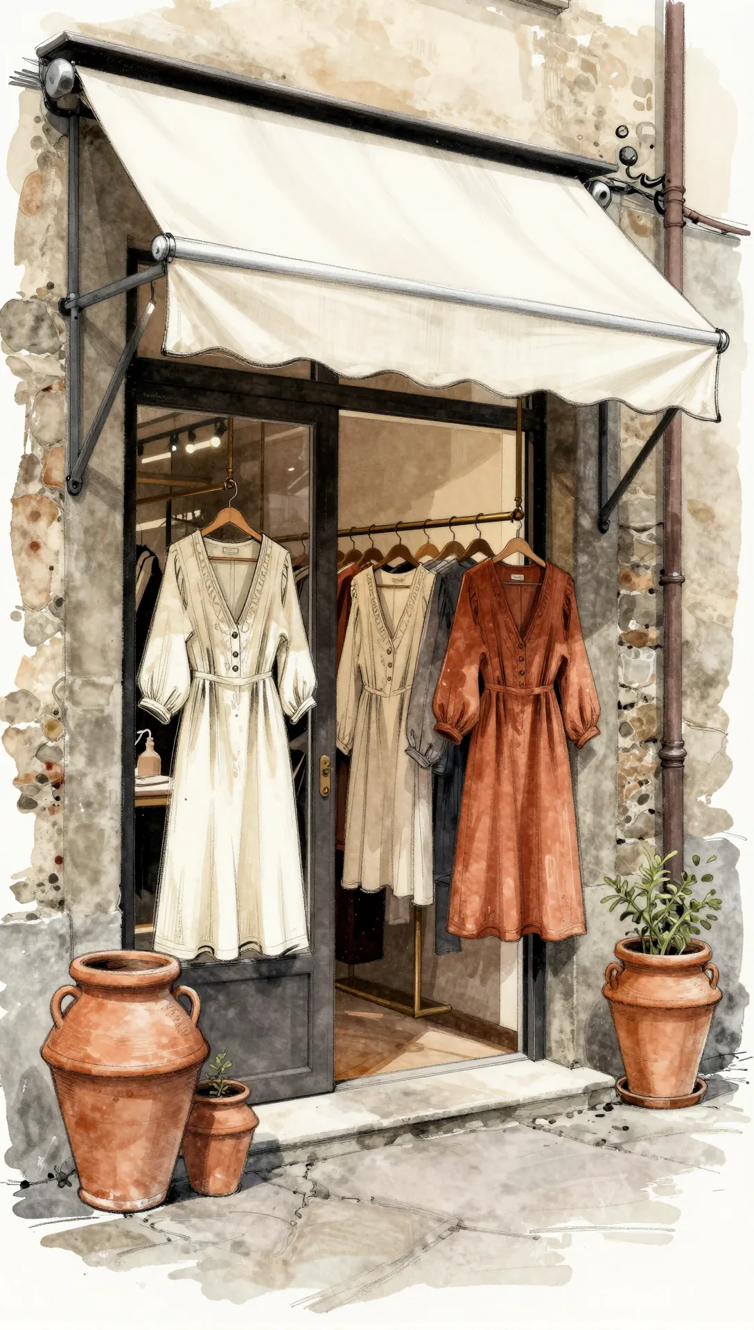Acuarela de la puerta de una boutique en Firenze: vestidos de lino colgados bajo un toldo, entre macetas de barro