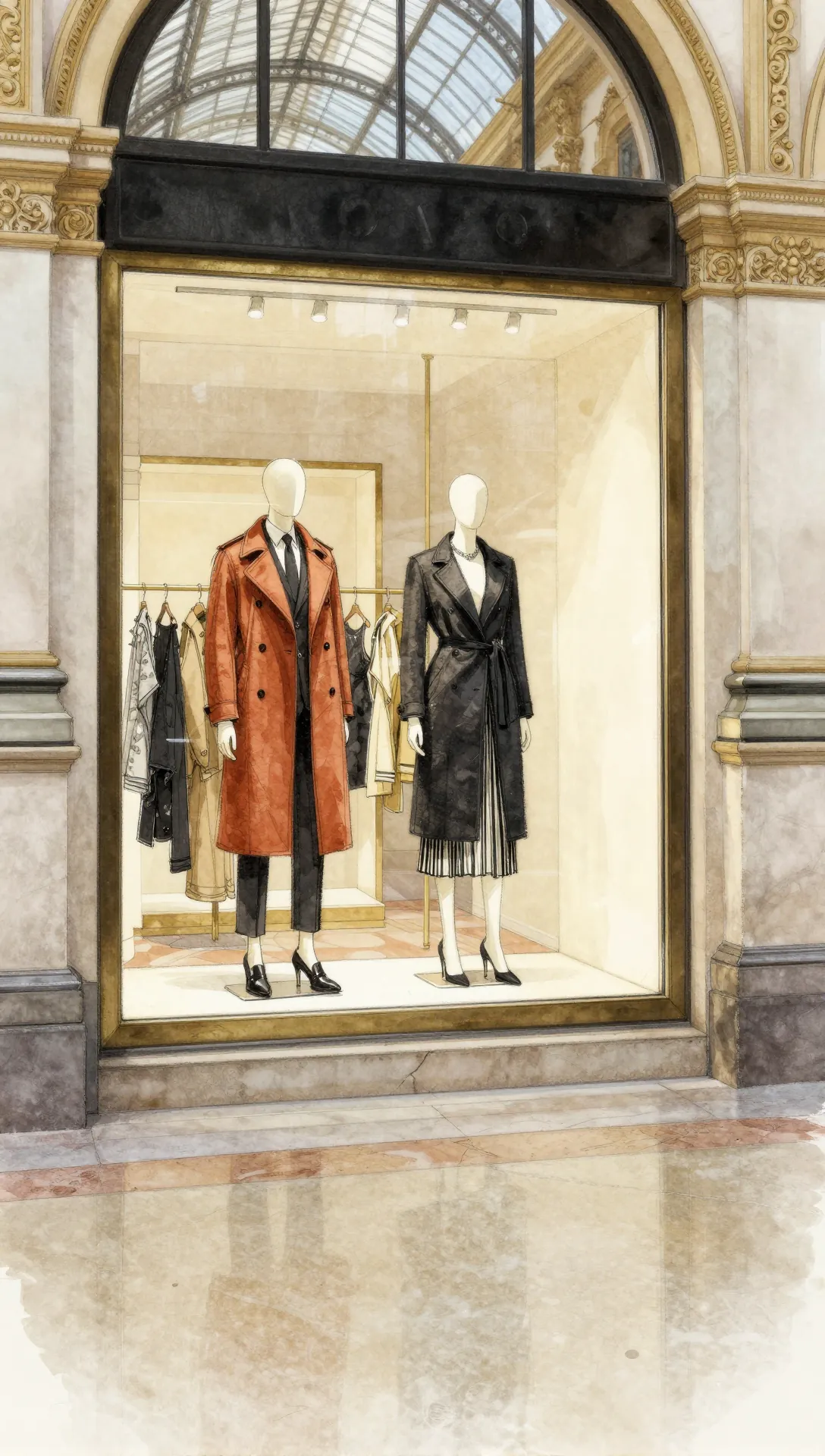 Acuarela de una vidriera en una galería de Milano: dos maniquíes, uno con trench color óxido y otro con tapado negro