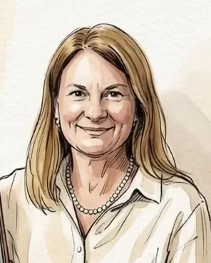 Vir dibujada en acuarela, sonriendo, con camisa clara y un collar de perlas